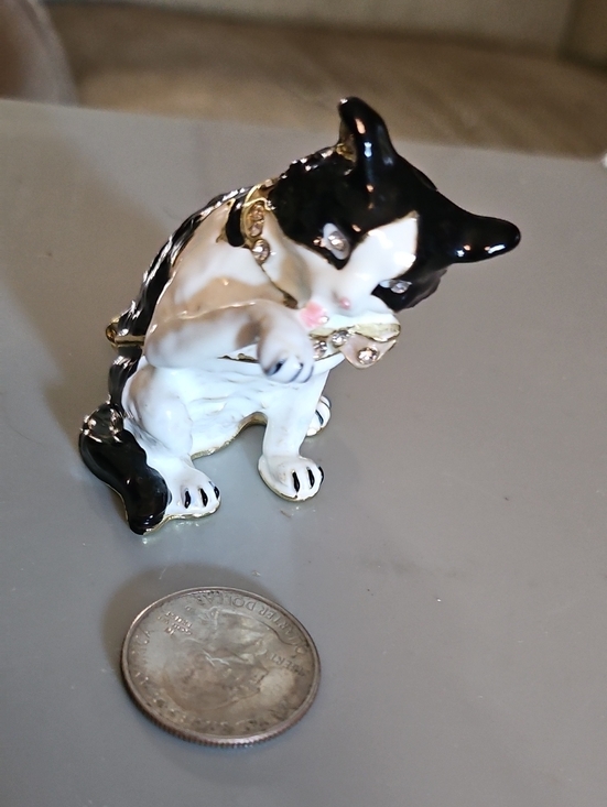 no brand Other - Black & White Cat Trinket Box with Gold Accents and Crystal Details